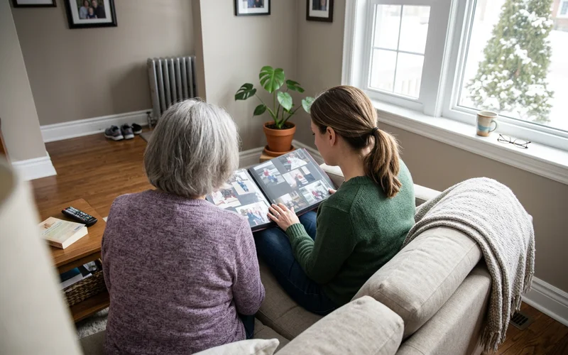 Adult daughter and senior mother looking through a photo album, seen from behind