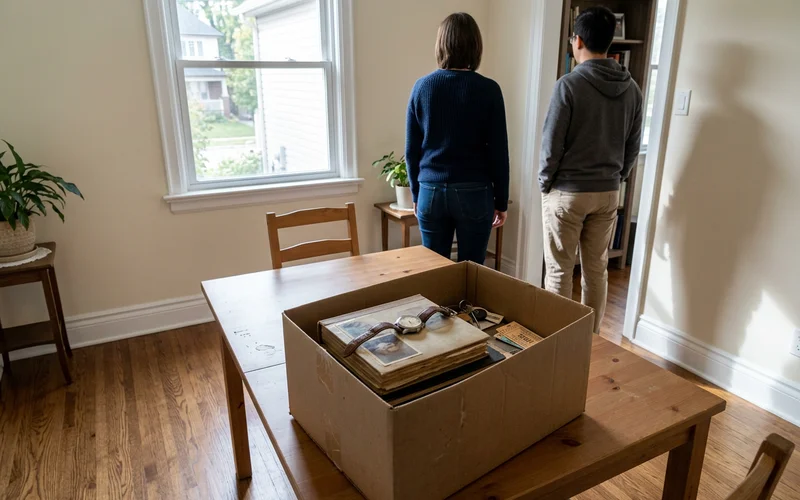 Box of personal keepsakes set aside on a clean table