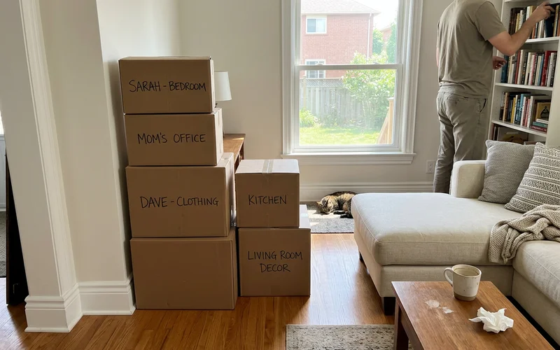 Boxes labelled with family member names in a tidy living room