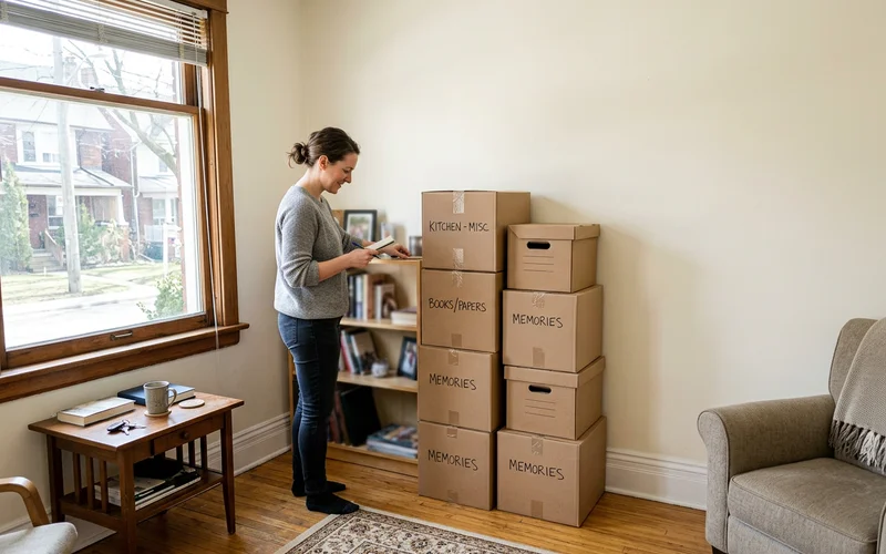 Restored living room with neatly sorted, labelled keep boxes