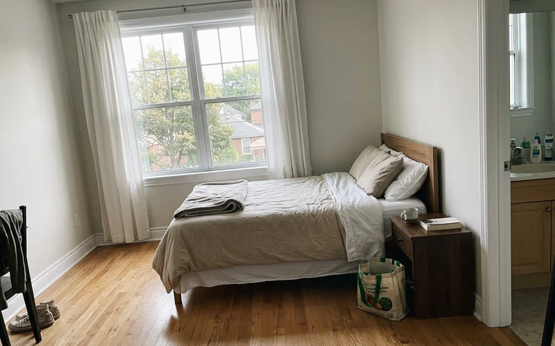 Calm, freshly cleaned studio apartment with morning light