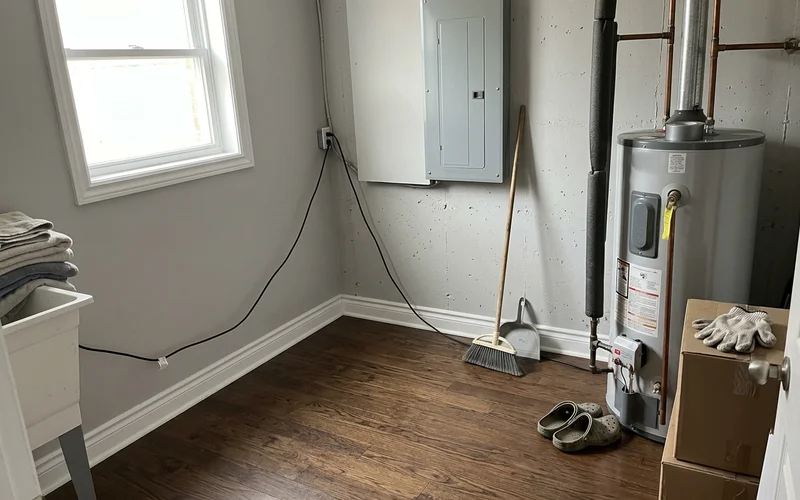 Electrical panel and water heater with clear space around them