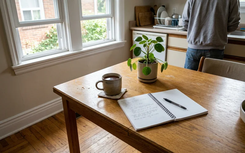Clean kitchen table with a cup of tea and a plant in morning light
