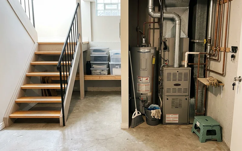 Clear basement stairway and furnace area after cleanup