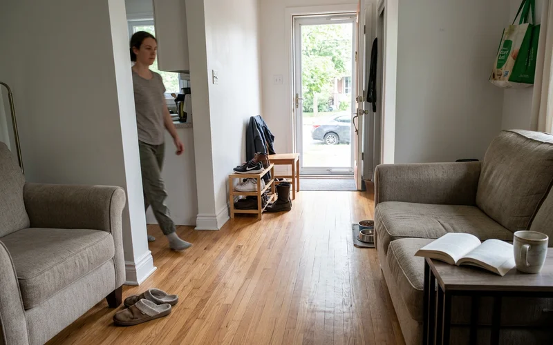 Clear path through a cleared living room toward the front door