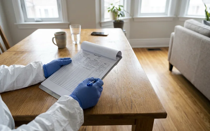 Gloved hands holding a clipboard with an itemized scope form