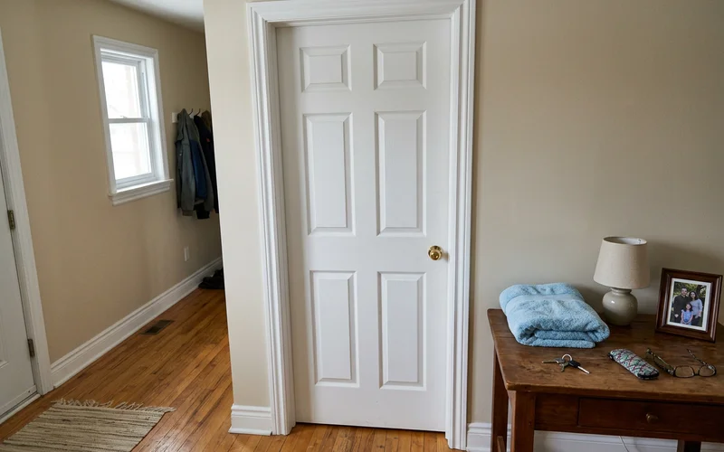 Closed interior door in a quiet hallway