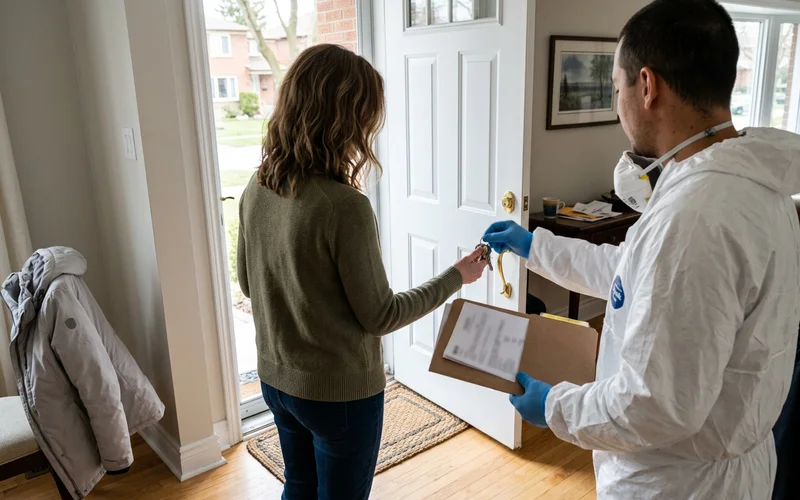 Crew lead handing keys and a folder to a realtor at the front door