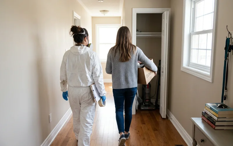 Crew lead and an adult daughter walking through a partly cleared hallway