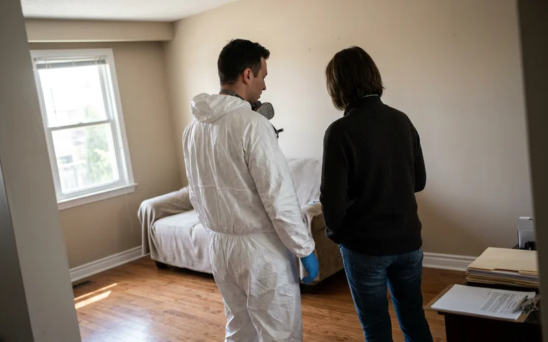 Crew lead talking quietly with a family member in a cleared living room