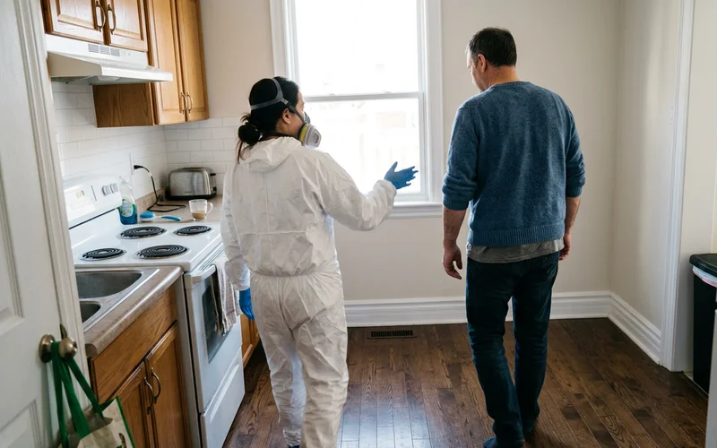 Crew lead walking an adult son through a cleared kitchen