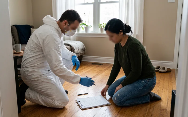 Crew lead kneeling beside a family member to review a sorting plan