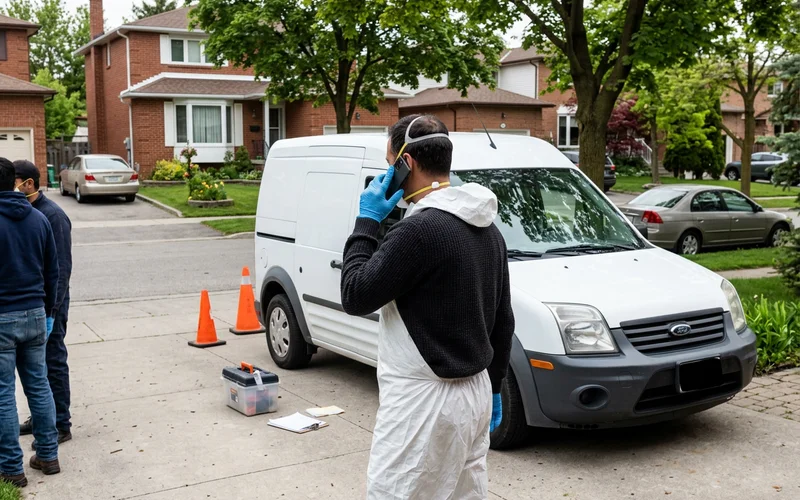 Crew lead on a phone call beside an unmarked van