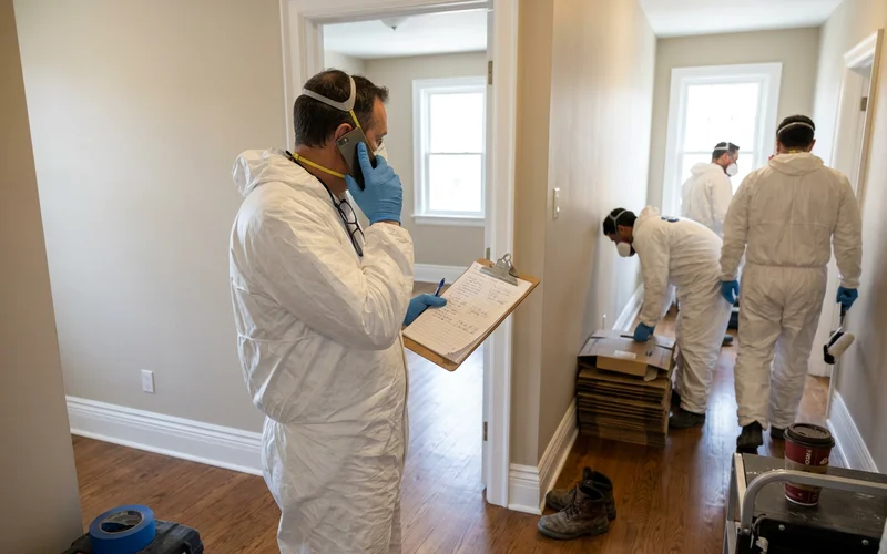 Crew lead on the phone beside a cleared rental unit doorway