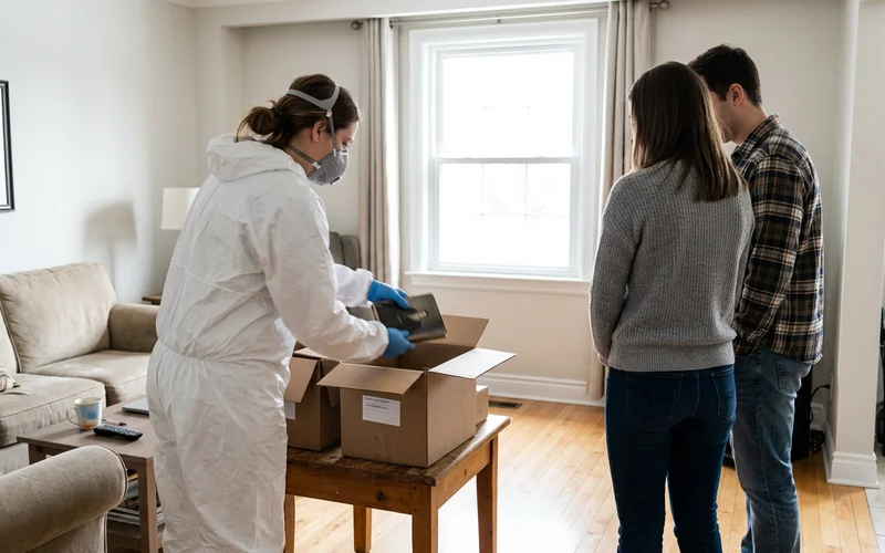 Crew lead placing an item into a labelled hold box while siblings watch