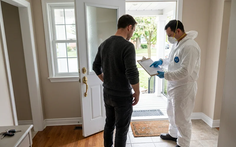 Crew member and adult child reviewing a safety checklist at the front door