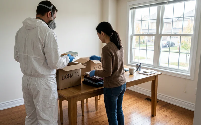 Crew member and homeowner sorting items into keep and donate boxes