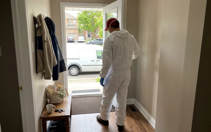 Crew member changing into a Tyvek suit inside the front entry