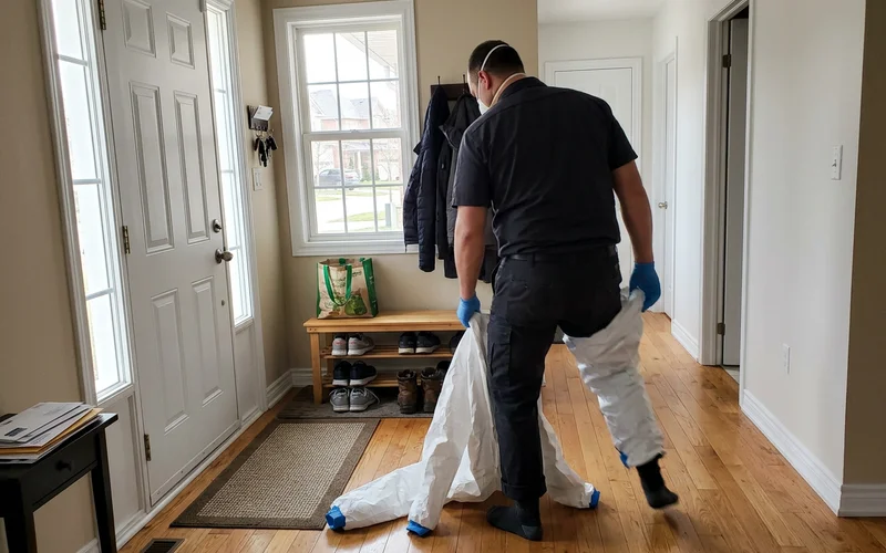 Crew member changing into a Tyvek suit inside a clean entry