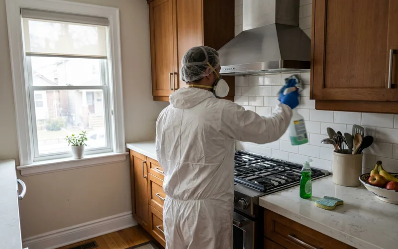 Crew member degreasing a range hood in a bright kitchen