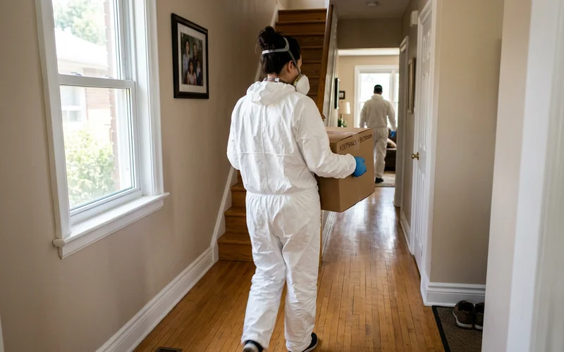 Crew member carrying a labelled keepsake box down a hallway