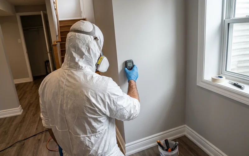 Crew member checking a basement wall with a moisture meter
