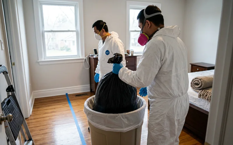 Crew member placing sealed bags into a lined bin in a cleared bedroom