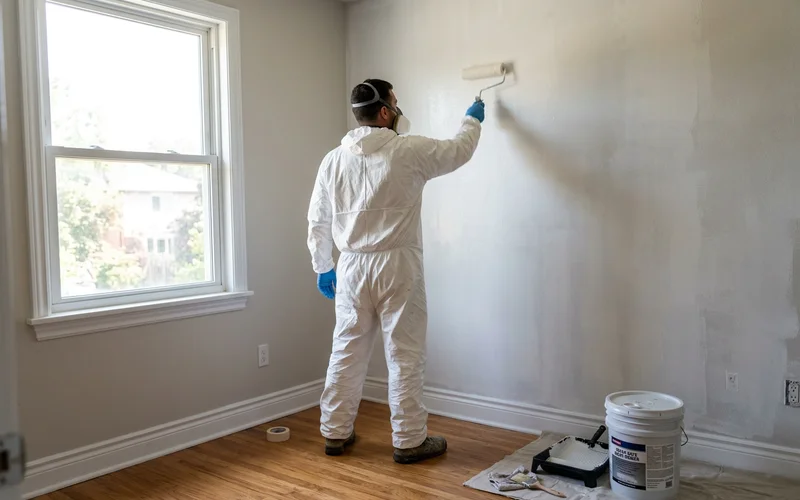 Crew member rolling encapsulating primer on a wall