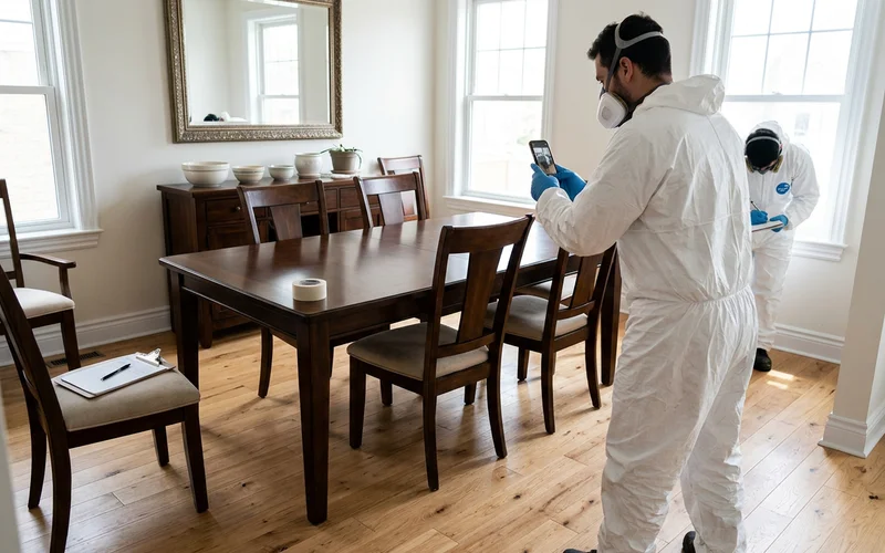 Crew member photographing furniture for an estate inventory