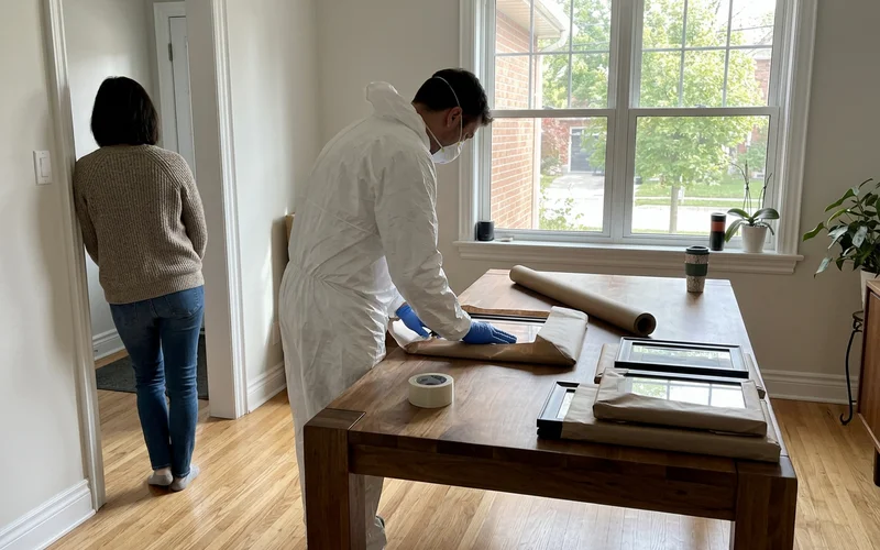 Crew member wrapping framed family photos on a dining table
