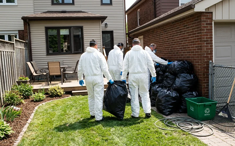 Crew in PPE clearing the rear yard of a semi-detached home