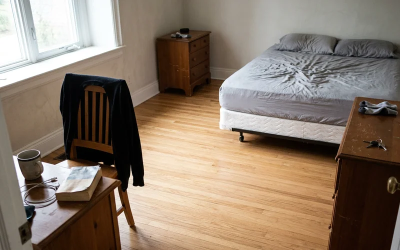 Empty, cleaned bedroom with sunlight on hardwood floors