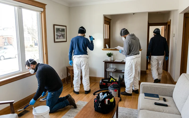 Four-person crew working through a cleared living room