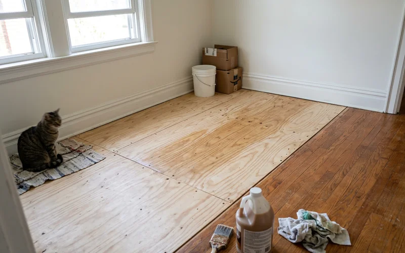 Freshly sealed subfloor in a bright, empty room