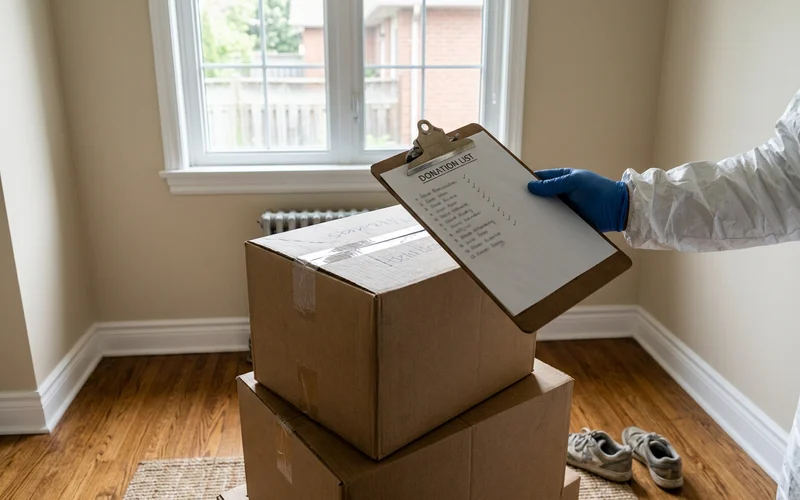Clipboard with a donation list beside a stack of boxes