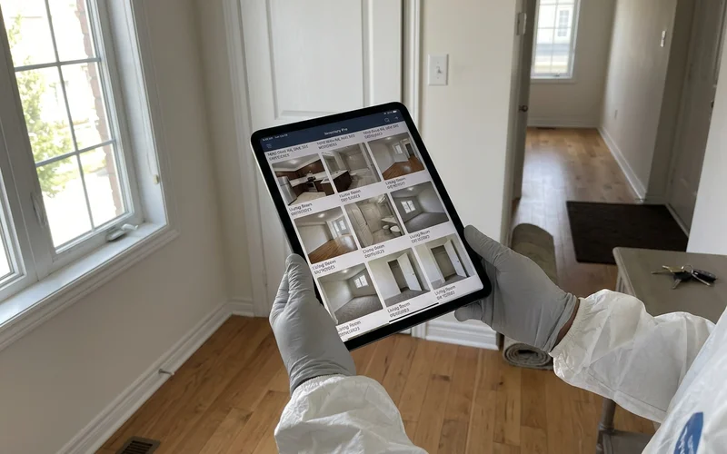 Tablet showing a photo log of rooms in a cleared apartment