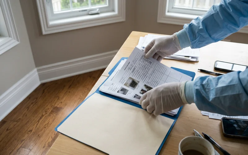 Gloved hands organizing a scope, photo log and manifest into a folder