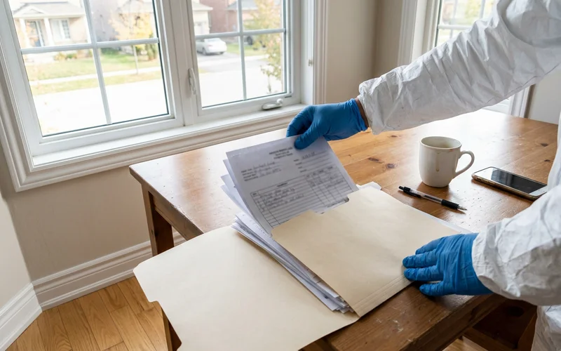 Invoice, photo log and weigh tickets being placed in a folder
