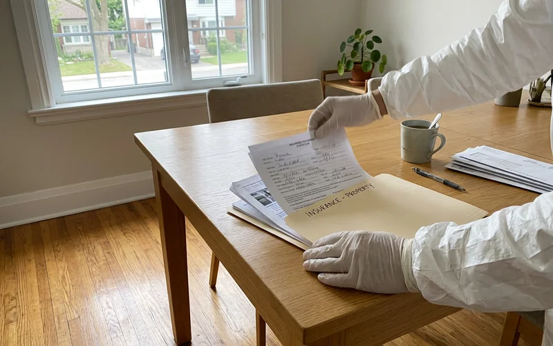 Gloved hands sliding documents into a folder on a clean table