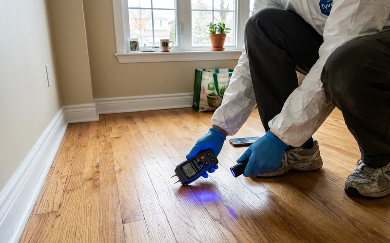 Technician checking hardwood boards with a moisture meter and UV light