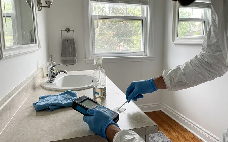 Technician running an ATP surface test on a cleaned counter
