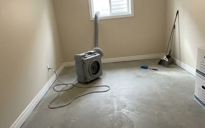 HEPA air scrubber running in an emptied, clean basement room