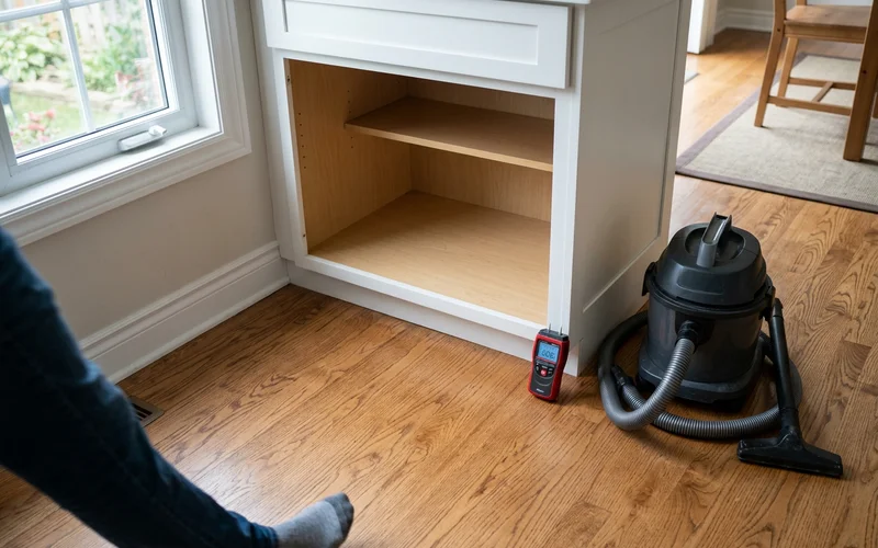 HEPA vacuum and moisture meter beside a cleaned cabinet base