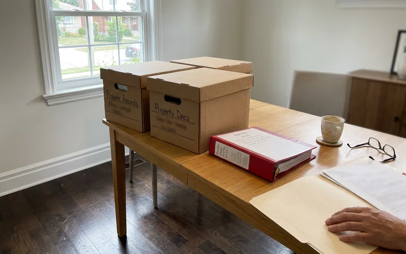 Labelled document boxes and an inventory binder for probate records