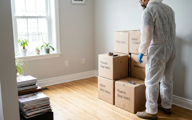 Labelled keep boxes stacked in a cleared living room
