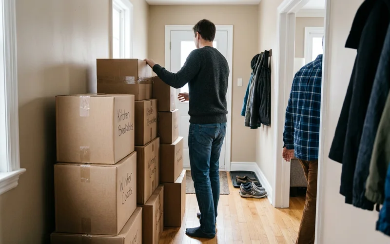 Neatly packed moving boxes in a tidy hallway