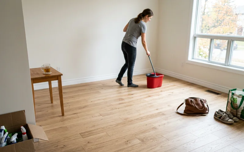 New clean flooring in a sunlit room after restoration