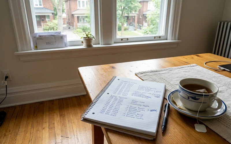 Notebook with a handwritten list of supports beside a cup of tea