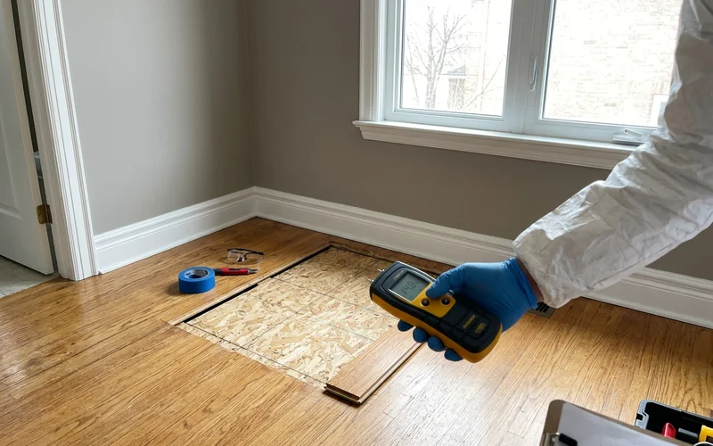 Technician inspecting an opened subfloor section with a moisture meter