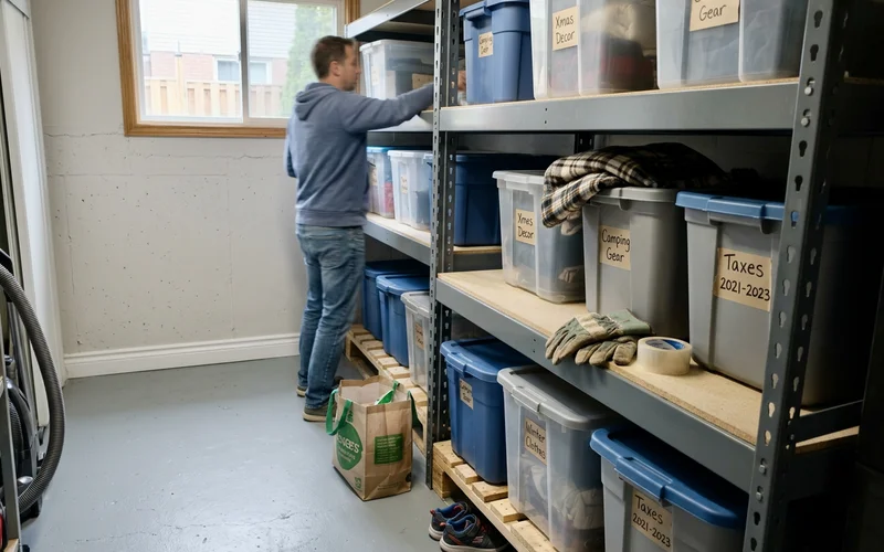 Plastic bins on raised shelving away from the basement wall